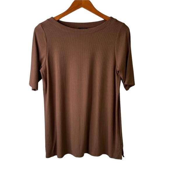 J Jill Wearever Ribbed Boat-Neck Brown Top Jersey Knit Tee Short Sleeve Normcore - Picture 13 of 14